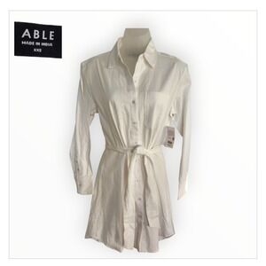 ABLE White Shirtdress XXS Button Down Belted Mini Dress Cotton Business Casual